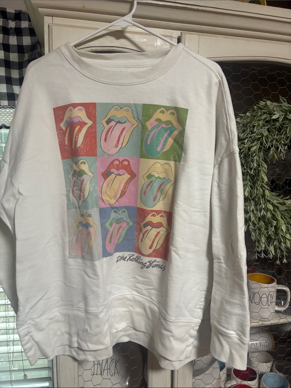 The Rolling Stones White Crewneck with Multicolor Pop-Art Tongue Grid
